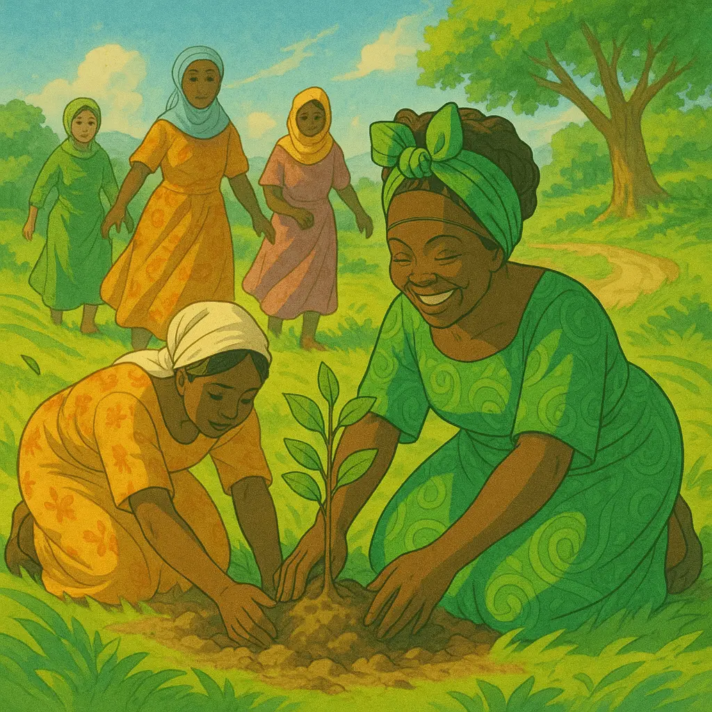 Wangari planting trees with others